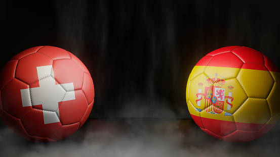 Two soccer balls in flags colors on a black abstract background. Switzerland and Spain. 3d image