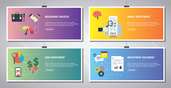 Web banners template in vector with icons of measuring success, smart investment, risk investment and investment document. Flat design icons in vector illustration.