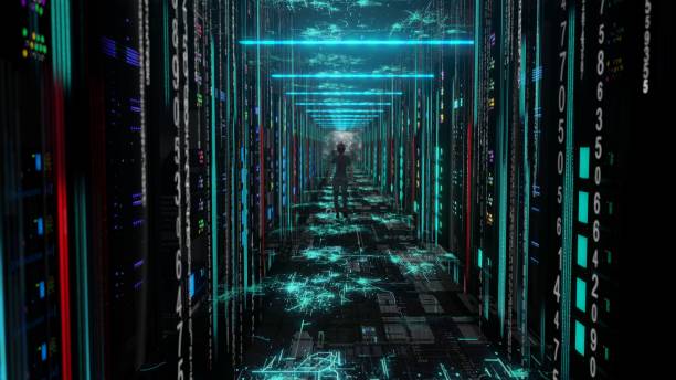 istock woman Moving Through Data Center with Server Racks LED Lights 1326178818