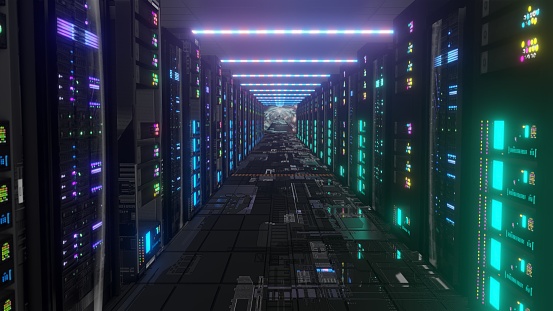Moving Through Data Center with Server Racks LED Lights