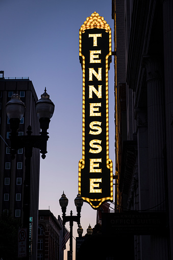 Knoxville, TN USA - June 16, 2021: Tennessee Theater at twilight in Knoxville.