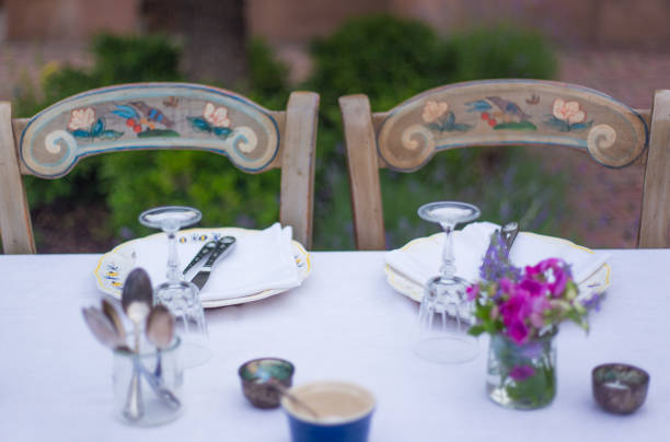 istock Outdoor Table Set for Summer Dinner Party, White Tablecloth 1326180864
