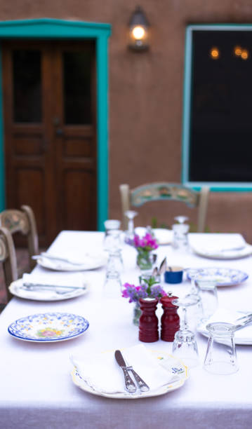 istock Outdoor Table Set for Summer Dinner Party, White Tablecloth 1326180866