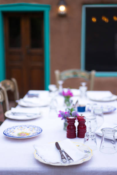 istock Outdoor Table Set for Summer Dinner Party, White Tablecloth 1326180882