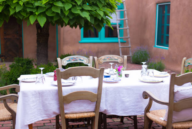 Outdoor Table Set for Summer Dinner Party, White Tablecloth