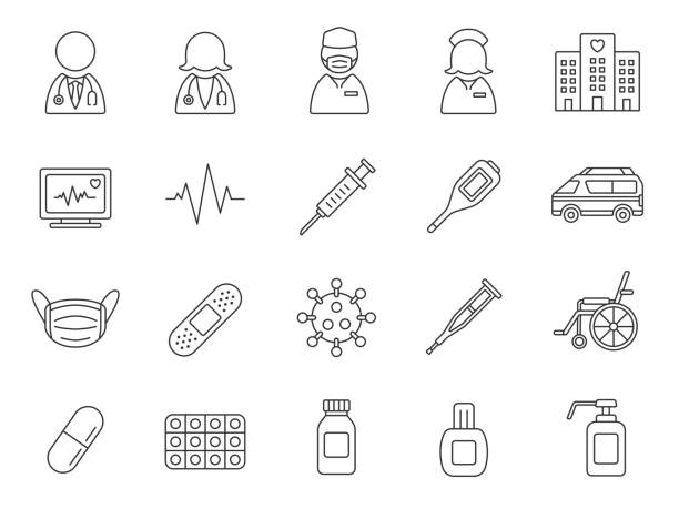 ilustraciones, imágenes clip art, dibujos animados e iconos de stock de conjunto de iconos médicos. - esparadrapo