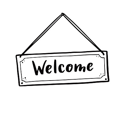 Hand drawn welcome sign element. Doodle sketch style. Shop door or window open label icon. Vector illustration.