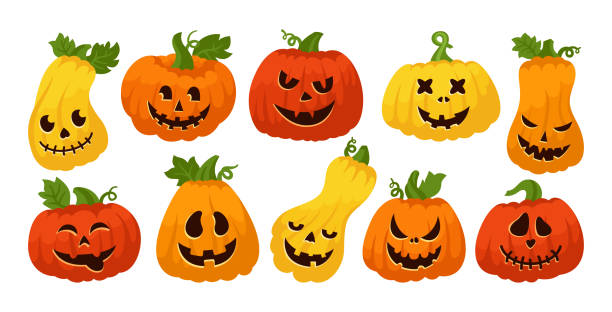 할로윈 호박 무서운 웃는 얼굴 세트 벡터 - halloween pumpkin human face laughing stock illustrations
