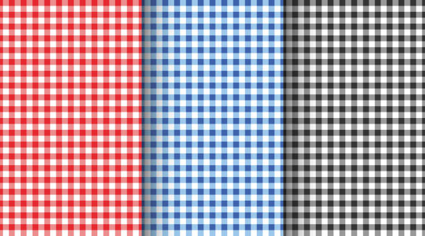 gingham nahtlose muster-set. rote, blaue, schwarz und weiß karierte texturen für picknickdecke, tischdecke, kariert. stoff geometrische hintergrund-kollektion. vektor flache illustration - blue gingham stock-grafiken, -clipart, -cartoons und -symbole