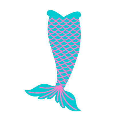 Blue mermaid tail with pink squama isolated on white background. Design element for girls sea party, greeting card or t-shirt print. Vector flat illustration.