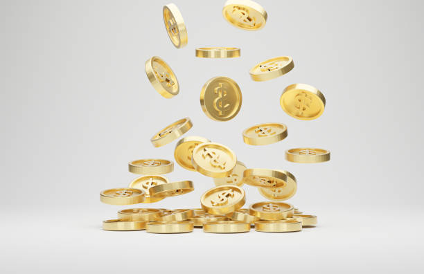 istock Gold coins with dollar sign falling or flying isolated on white background. 1326185323