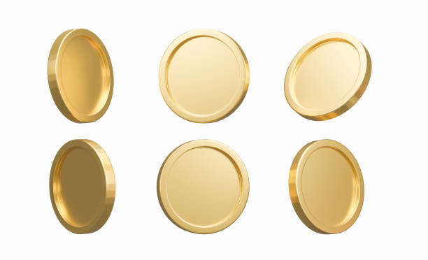3D Render. Set of gold coins isolated on background in different positions. Bank or financial illustration