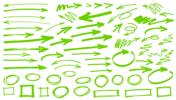 Green arrows and shapes Green hand drawn grunge arrow shapes vector illustration doodles permanent marker stock illustrations