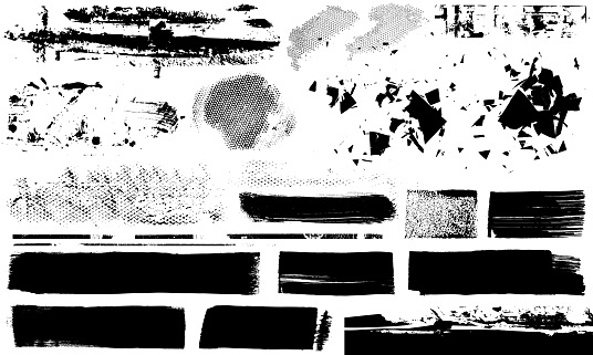 Black grunge paint marks and textured patterns background illustration
