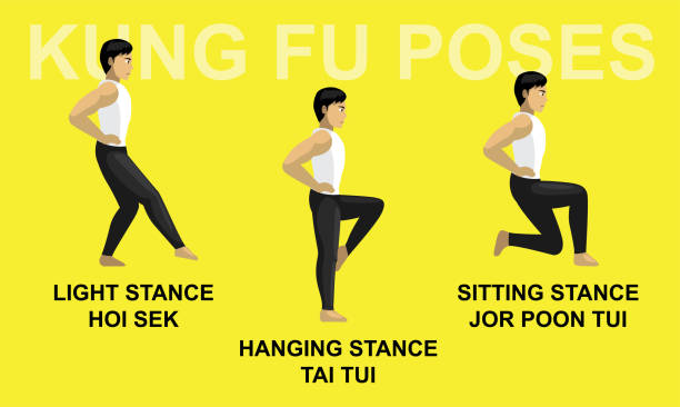 kung fu poses hängen haltung tai tui licht hoi sek sitzen dor poon tui cartoon vektor illustration - shaolin stock-grafiken, -clipart, -cartoons und -symbole