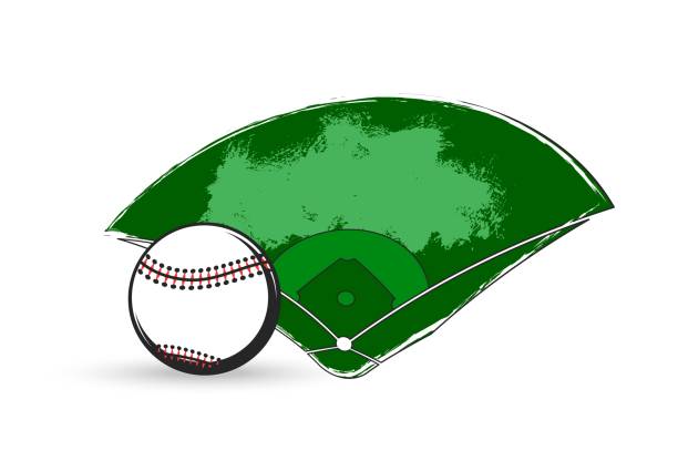 ilustraciones, imágenes clip art, dibujos animados e iconos de stock de pelota de juego del deporte del béisbol y campo de juego del diamante - baseball diamond baseball baseline grass