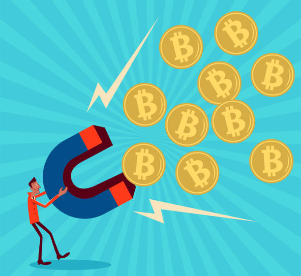 One businessman holds a big magnet to attract Bitcoin Businessman Characters Vector Art Illustration.
One businessman holds a big magnet to attract Bitcoin. exchange traded fund stock illustrations