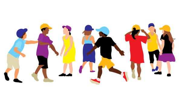 Recess Schoolyard Socializing Large group of little kids playing outdoor, colorful flat design illustration african american boy drawing stock illustrations