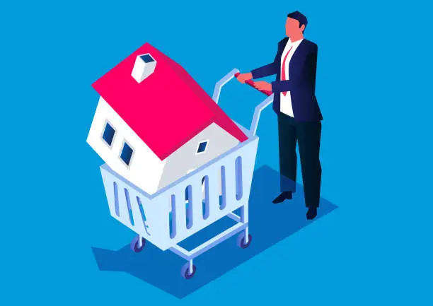 Vector illustration of Isometric businessman pushing a shopping cart to buy a house, real estate business .