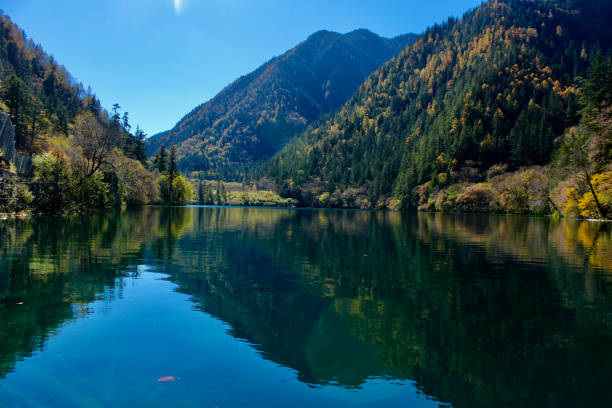 montaña y lago - jiuzhaigou national park jiuzhaigou national park unesco world heritage site fotografías e imágenes de stock