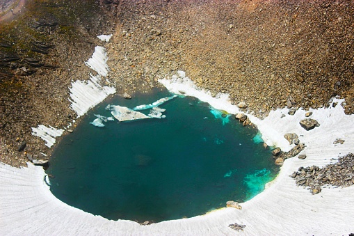 View of Roopkund lake, a Glacial lake in himalaya also known as Skeleton lake or mysterious lake.