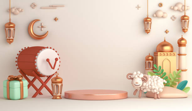 istock Eid al adha islamic decoration display podium background with goat sheep arabic crescent lantern bedug, ramadan kareem, mawlid, iftar, isra  miraj, eid al fitr, muharram, copy space, 3D illustration 1326197623