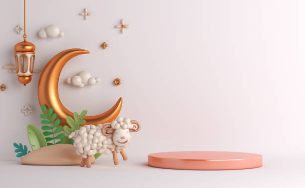 istock Eid al adha islamic decoration display podium background with goat sheep arabic crescent lantern, ramadan kareem, mawlid, iftar, isra  miraj, eid al fitr, muharram, copy space text, 3D illustration 1326197631