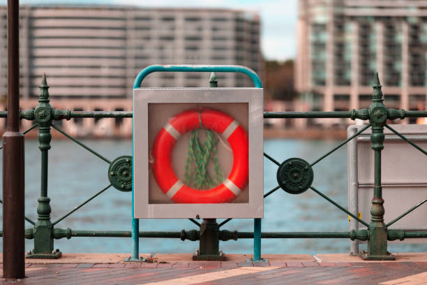 Life buoy in a glass case harborside.