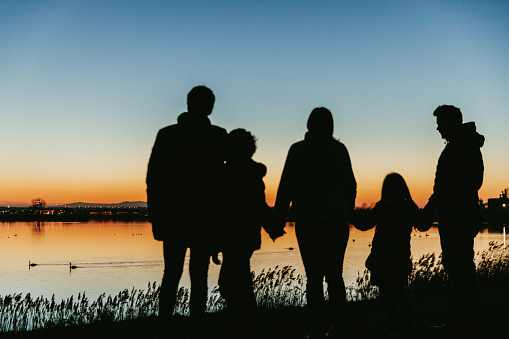 Silhouette Family enjoining together near lakeside