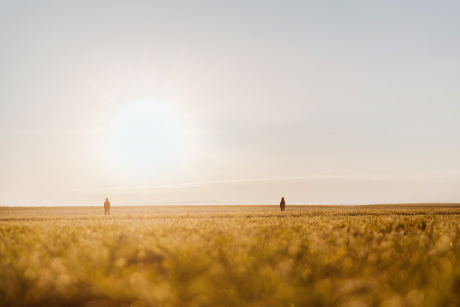 Two people standing at a distance in field during sunny day