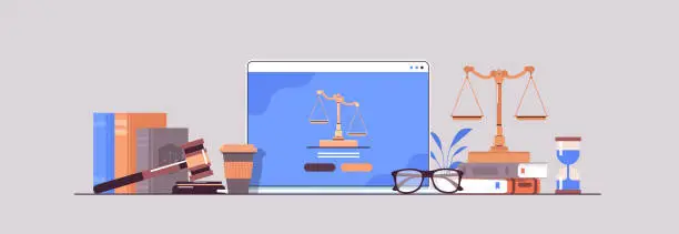 Vector illustration of law and justice concept gavel judge books and scales on laptop screen online lawyer legal advice