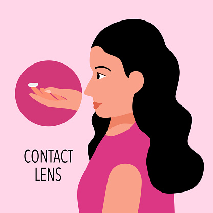 Woman wearing contact lens in eye concept vector illustration.