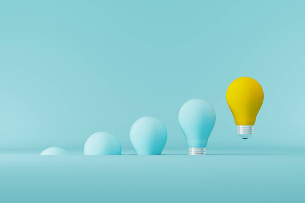 istock Light bulb yellow floating outstanding among lightbulb light blue on background. Concept of creative idea and innovation, Unique, Think different, Individual and standing out from the crowd. 3d illustration 1326203374