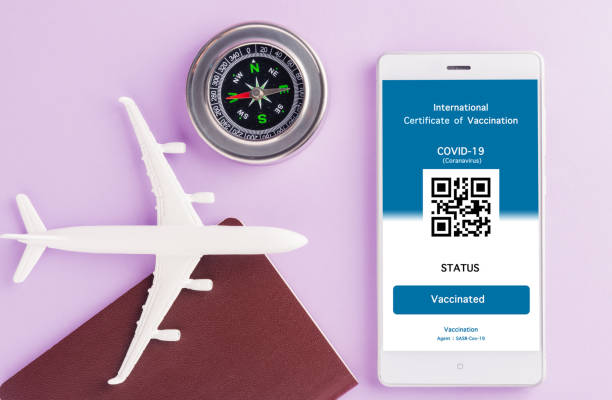 istock Model airplane, passport and immunity pass are arranged application on smartphone 1326204335