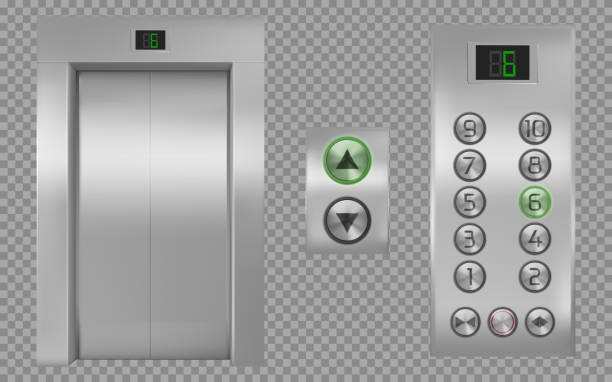 ilustraciones, imágenes clip art, dibujos animados e iconos de stock de cabina de ascensor realista con puertas cerradas, ascensor - ascensor botones