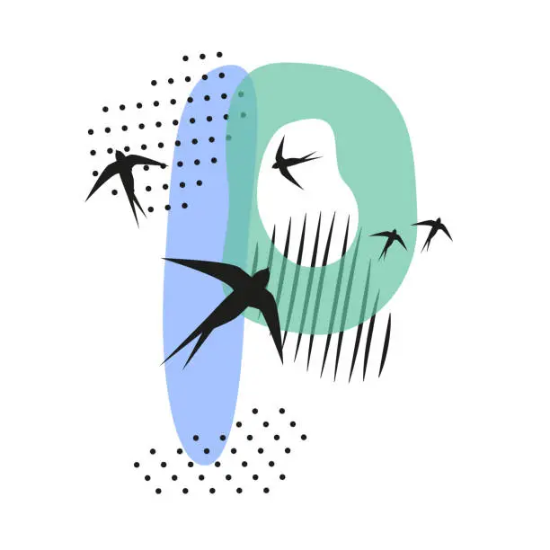 Vector illustration of Minimalistic pattern an oriental style in form of letter P. Flock of swallows flies. Abstract objects, spots, dots, shadows in black ink and feather. Vector illustration, birds in form of hieroglyphs.