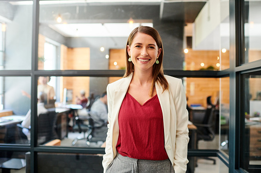 Shot of beautiful smiling businesswoman looking at camera. Portrait of a businesswoman standing in a modern office.