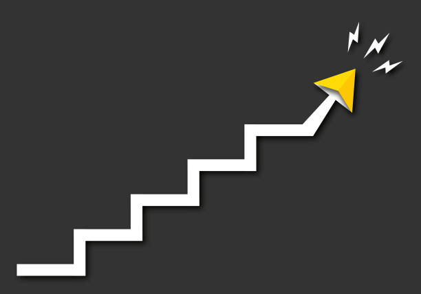 flèche jaune montante monter l’escalier avec le symbole flash comme métaphore de l’entreprise ou du concept de succès. - moving up flash photos et images de collection
