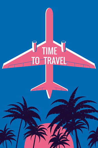 Time to Travel Plane in the sky, palms. Vintage Summer Holiday poster, banner. Vector illustration