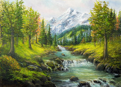Original  oil painting of beautifl spring landscape, forest,snow mountains  and river  on canvas.Modern Impressionism, modernism,marinism