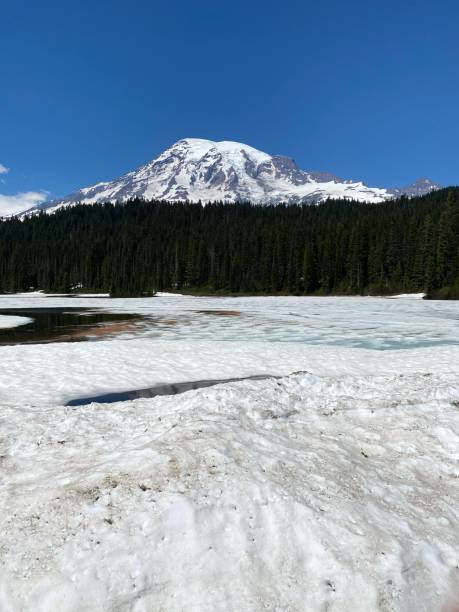 Beautiful view of Mt. Rainier with snow-covered lake in foreground stock photo