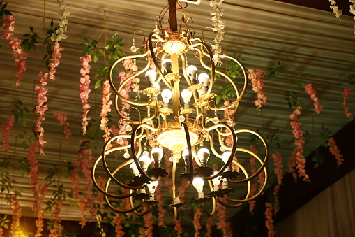 Chrystal chandelier close up. Glamour background with copy space