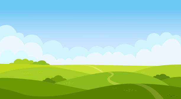 フラットなスタイルで谷の風景。草と漫画の牧草地の風景。白い雲の青い空。木々や道路と空の緑のフィールド。夏の日。緑の丘の背景、空のグレードテンプレート。ベクトル。 - 農村の風景 イラスト点のイラスト素材／クリップアート素材／マンガ素材／アイコン素材
