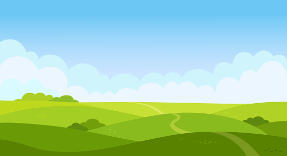 Valley landscape in flat style. Cartoon meadow landscape with grass. Blue sky with white clouds. Empty green field with trees and road. Summer day. Green hills background, empty glade template. Vector.