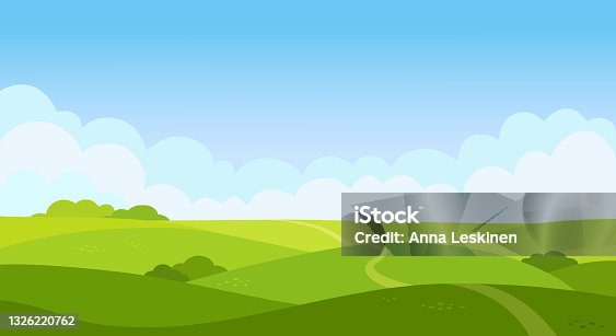 istock Valley landscape in flat style. Cartoon meadow landscape with grass. Blue sky with white clouds. Empty green field with trees and road. Summer day. Green hills background, empty glade template. Vector. 1326220762