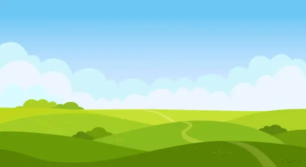 Vector illustration of Valley landscape in flat style. Cartoon meadow landscape with grass. Blue sky with white clouds. Empty green field with trees and road. Summer day. Green hills background, empty glade template. Vector.
