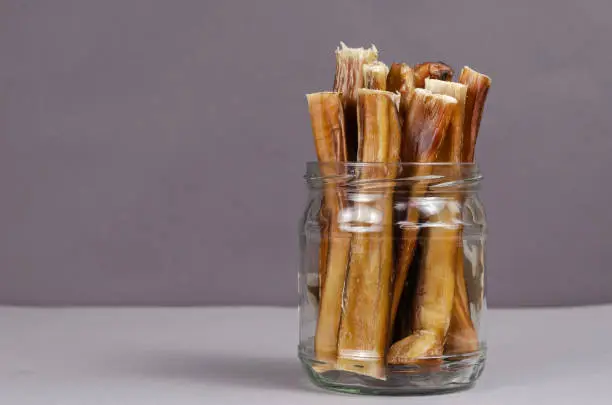 Photo of Pet treats in a glass jar on a gray-gainsboro background. Dried