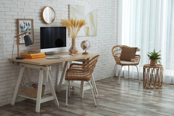 istock Stylish home office interior with comfortable workplace near white brick wall 1326223366