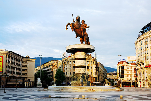Tranquil view of Macedonia Square in the city of Skopje very early in the morning. There is a large public statue in the center of 22 meters high known as \