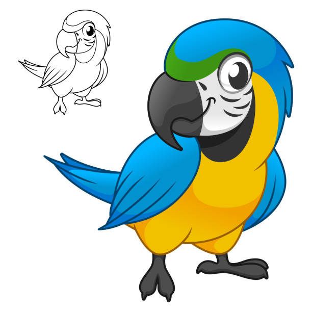 ilustrações, clipart, desenhos animados e ícones de fofo feliz azul e ouro macau papagaios em pé com desenho de arte de linha - periquito